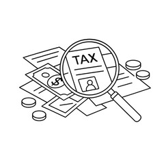 Tax document under a magnifying glass with money
