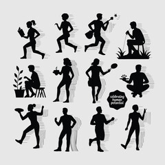 Obraz premium Silhouettes of people engaged in various activities, celebrating human potential isolated on white background, showcasing diverse lifestyles and hobbies.