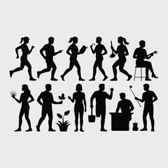 Fototapeta premium Silhouettes of people engaged in various activities isolated on white background, including running, reading, gardening, playing music, and golfing.