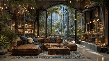 Luxurious Loft Coffee Shop  Tropical Garden View  Leather Sofa  Concrete   Wood Design