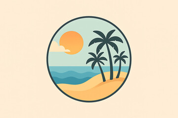 Obraz premium Tropical Beach Sunset Palm Trees Ocean and Sun Illustration