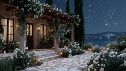 Mediterranean Villa Night Scene  Romantic Ocean View  Stars  Roses