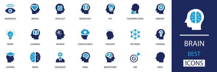 Mind and intelligence icon pack. Featuring brain, meditation, psychology, awareness, mental health, imagination, and more. Clean solid vector illustration set.