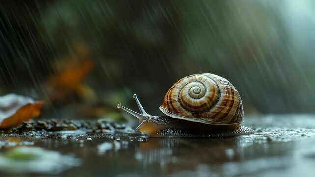 a tiny snail journeys forward amidst a soft rain shower, its shell gleaming under the gentle light, exploring the blurred world