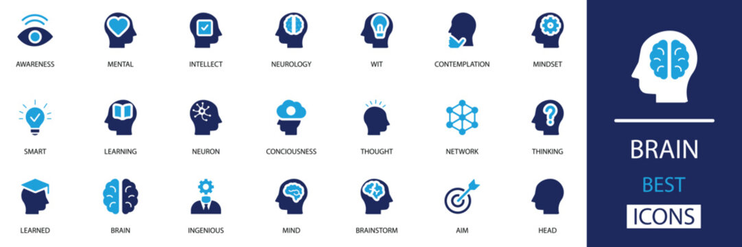 Mind and intelligence icon pack. Featuring brain, meditation, psychology, awareness, mental health, imagination, and more. Clean solid vector illustration set.