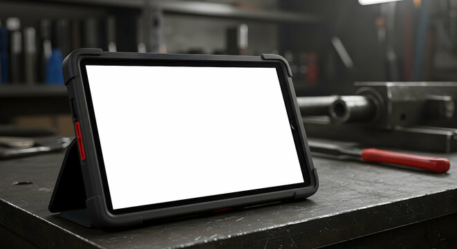 Blank Tablet Screen in Industrial Workshop Setting Mockup Design Template