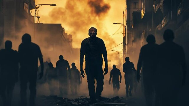 Menacing zombie horde walking through devastated urban landscape, casting sinister shadows against fiery orange sky with thick smoke billowing overhead