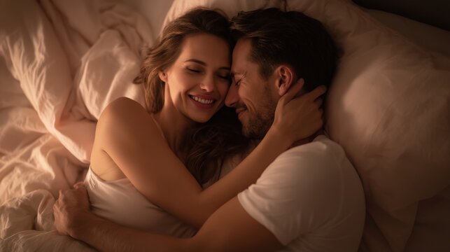 A loving couple cuddles and smiles together in bed, sharing an intimate and joyful moment under soft, warm lighting.