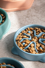 Slow feeding bowls filled with dry food
