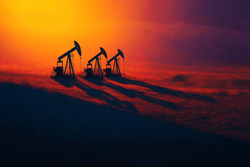"Desert Pulse" - Aerial view shows synchronized pumpjacks dancing across golden sands, their long morning shadows painting geometric patterns in this minimalist, high-contrast desert landscape.

