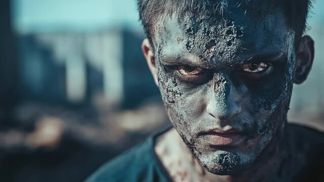 Post apocalyptic scene features a dust covered zombie staring intensely, conveying a sense of danger and decay in a desolate urban environment