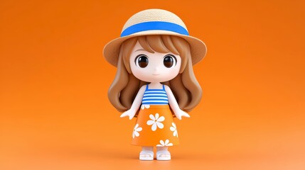 Cute Cartoon Girl Summer Outfit 3D Render  Orange Background