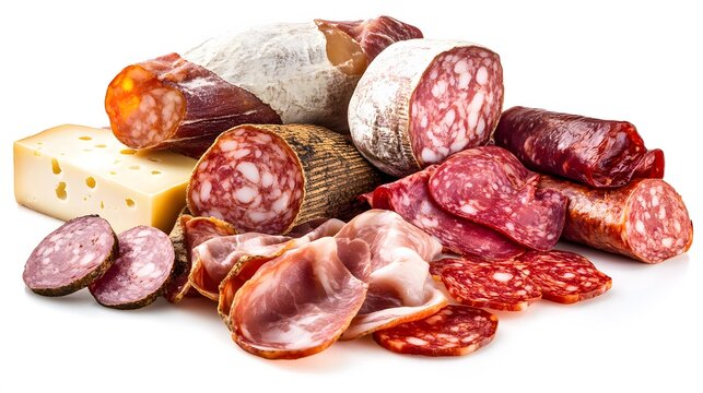 A charcuterie board with cured meats and cheese, isolated, no text or logo