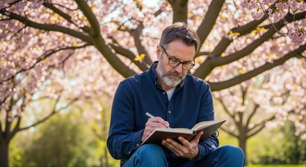 Man with beard writing in a notebook near a tree. Male journaling outside for creative writing. Spring or summer park scene.