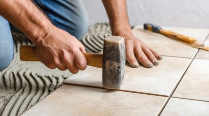 A person installing ceramic tiles on a floor, using a rubber mallet to secure them in place.