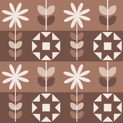 Floral Minimalist Geometric Mid Century Modern Style Coffee Color Seamless Pattern