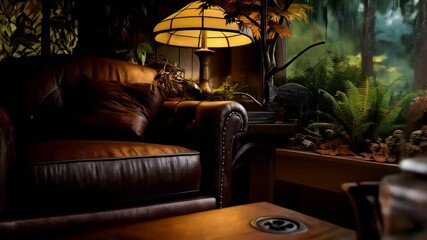 Tea is brewed in glass teapot, cup of tea on table indoors near window with rain pouring outside, cozy atmosphere for relaxation.