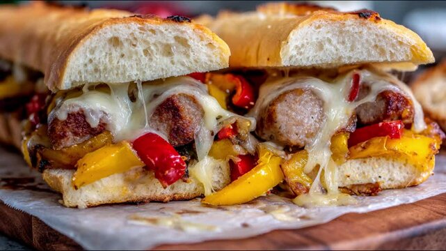 A mouthwatering sandwich on a wooden board.