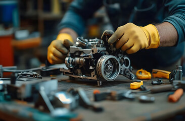 Mechanic repairs lawnmower, disassembled machine components on the table. Man wearing yellow gloves, metal equipment parts. Engineering, repair, service, maintenance, workshop, technical job.