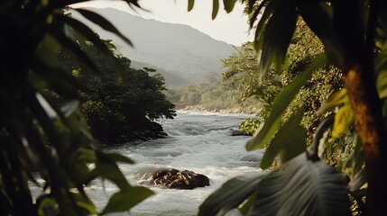Serene Jungle River Landscape: Lush Foliage Frames Whitewater Rapids