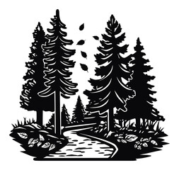 Fototapeta premium Black and White Engraving of Woodland Pathway Surrounded by Tall Evergreen Trees