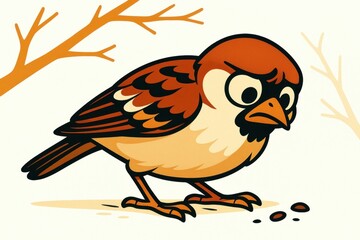 Concerned Cartoon Sparrow Searching for Food – Stylish Colors, White Background with Branch Silhouette
