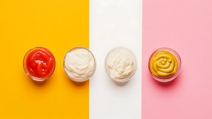 Obraz premium Colorful Bowls of Ketchup Mayonnaise Mustard Sauces