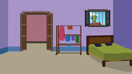 Indian Village Bedroom Cartoon Vector – Rural House Interior with Bed, Clothes Stand, Open Door, Window, Outdoor View – Animation Background for 2D Cartoon, Game, and Educational Projects

