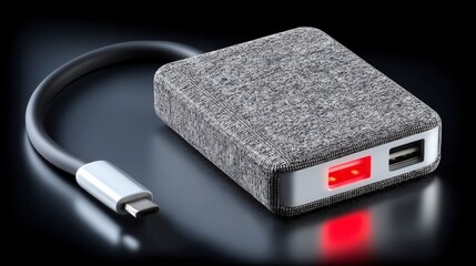 Fototapeta premium Slim Power Bank Charger USB Cable Studio Shot Dark Background Technology