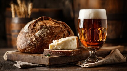 Craft beer with rustic bread slice and cheese on olive wood board, cozy setup