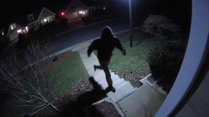 A person in a hoodie approaches a house at night, caught by a security camera on a dimly lit suburban street.