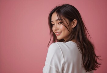 Fototapeta premium Young woman with long dark hair smiling against a pink background, showcasing a cheerful demeanor and stylish casual attire
