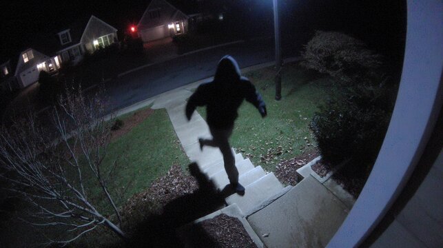 A person in a hoodie approaches a house at night, caught by a security camera on a dimly lit suburban street.