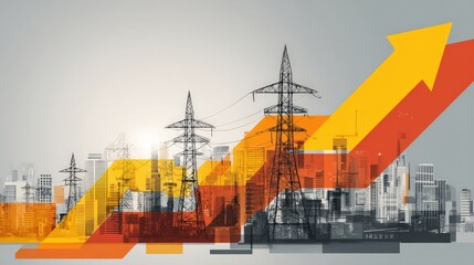 Power lines and city skyline with colorful arrows symbolizing rising energy demand and urban growth.