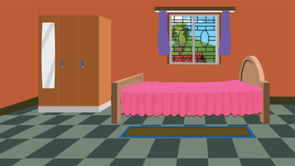 Cartoon Bedroom Interior Vector Background for Animation – Rural House Room with Bed, Wardrobe, Window, Curtains, and Outdoor View – 2D Game Asset, Traditional Home Scene Illustration


