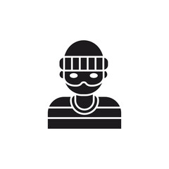 icon thief in a striped shirt,and mask.This vector icon is perfect for designs related to security, crime, law enforcement, or fictional character concepts.. This icon uses an editable glyp style eps 
