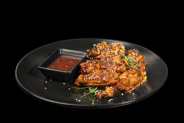 Chicken wings in hot sauce fried on grill sprinkled with sesame seeds.