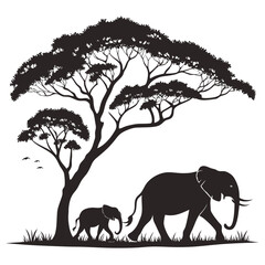 Fototapeta premium Sunset safari landscape with elephant family silhouettes by a tree