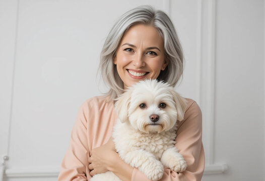 Smiling woman cradles fluffy white dog in cozy indoor setting, showcasing a loving bond and warmth between them