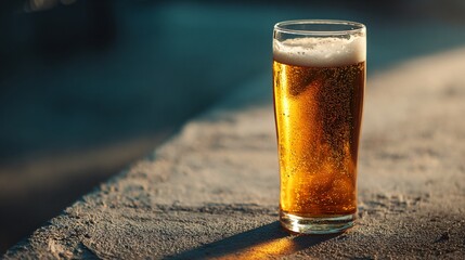 Tall glass of golden beer with frothy head on concrete surface, minimal backdrop, side lighting,