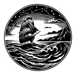Intricate Engraving of a Sailing Ship Navigating Stormy Seas Under the Stars