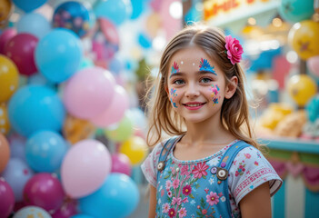 Colorful festival atmosphere with a cheerful girl showing off her face paint in an amusement park setting