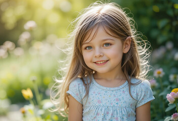 Young girl smiling brightly in a beautiful garden filled with colorful flowers during golden hour