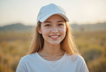 Young woman smiles in a sunlit field wearing a white cap, enjoying the warmth of a beautiful day with a serene backdrop