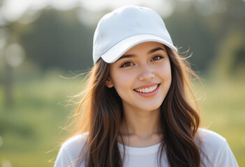 Young woman with long brown hair and bright smile enjoys a sunny day outdoors while wearing a white cap