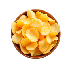 Delicious crispy potato chips in a brown bowl isolated on a smooth white background 
PNG file transparent background cut out, clipping path, social media,Advertisement,high quality, HD photo.