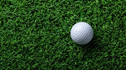 A white golf ball resting on lush, green grass, viewed from above.