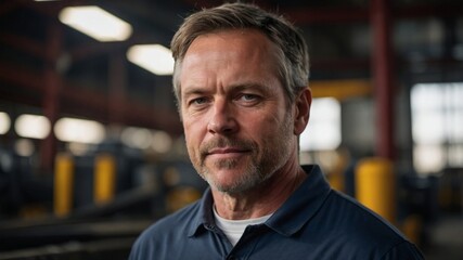 Portrait of a mature man in a factory setting with a serious and focused gaze looking at the camera.