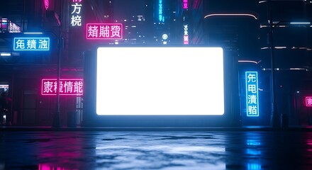 Cyberpunk Cityscape Blank Billboard in Neon-Lit Alleyway