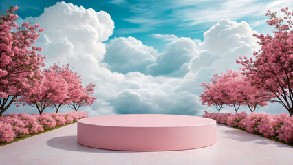 Pink Podium Surrounded by Cherry Blossoms Under a Cloudy Blue Sky Backdrop
